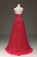 Load image into Gallery viewer, Spaghetti Straps A Line Fuchsia Prom Dress with Appliques