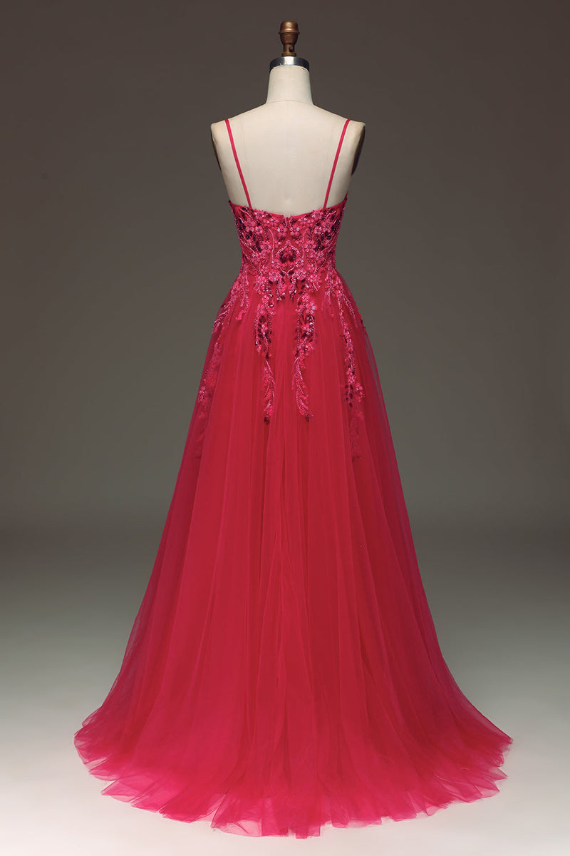 Load image into Gallery viewer, Spaghetti Straps A Line Fuchsia Prom Dress with Appliques