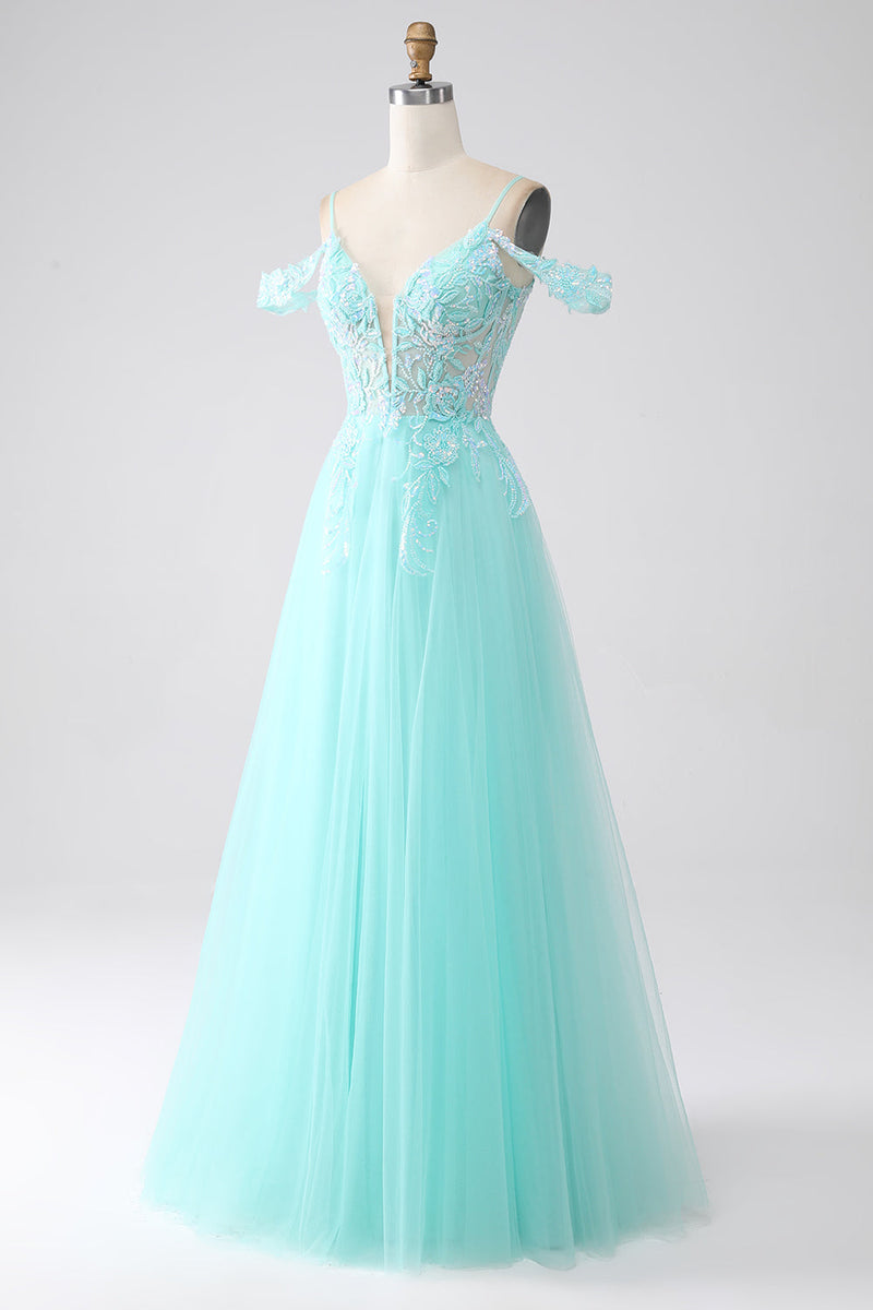 Load image into Gallery viewer, Light Green Cold Shoulder Sequins Prom Dress