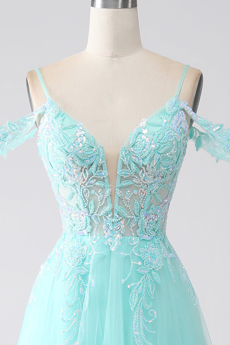 Load image into Gallery viewer, Light Green Cold Shoulder Sequins Prom Dress