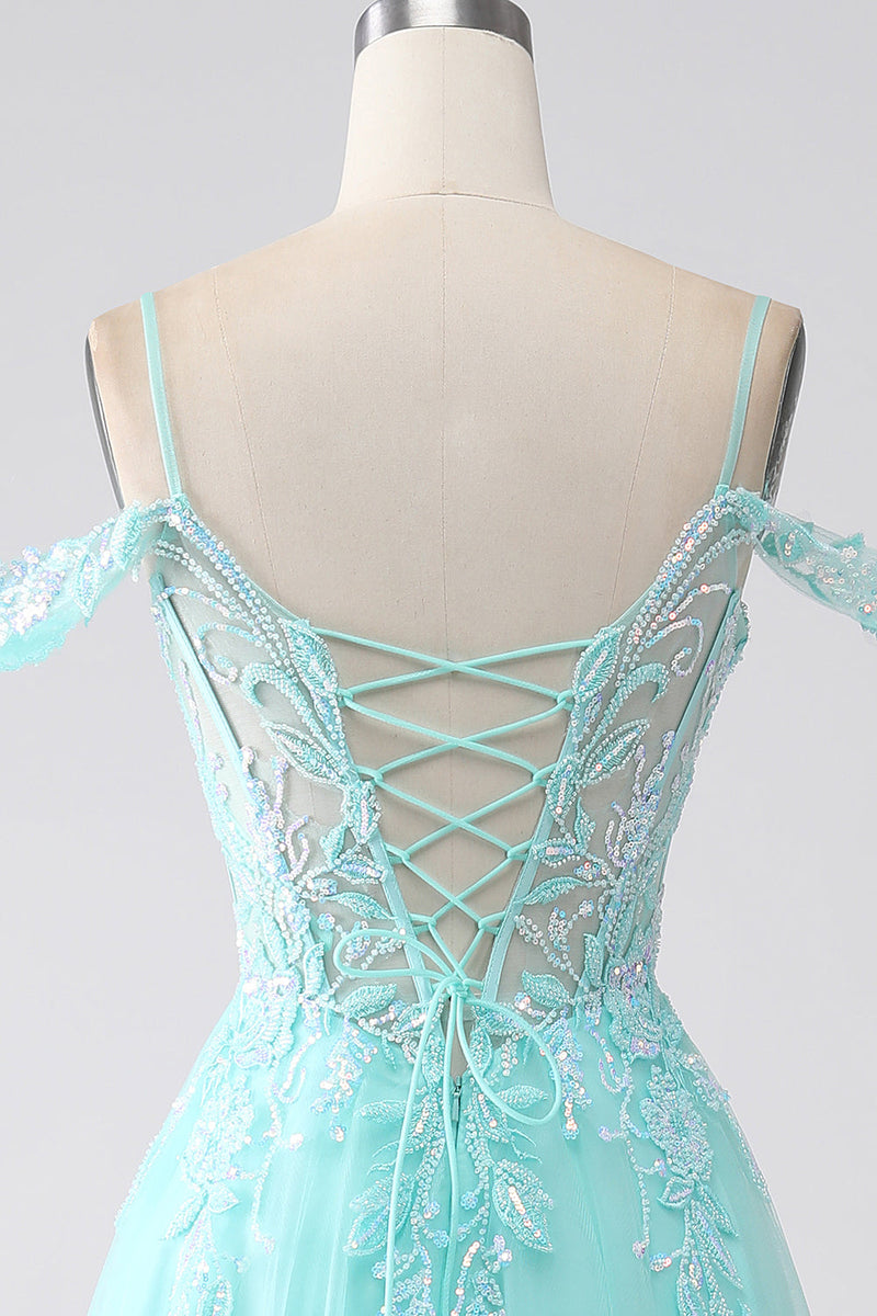 Load image into Gallery viewer, Light Green Cold Shoulder Sequins Prom Dress