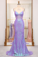 Load image into Gallery viewer, Sparkly Purple Mermaid Long Prom Dress With Embroidery Appliques