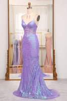Load image into Gallery viewer, Sparkly Purple Mermaid Long Prom Dress With Embroidery Appliques