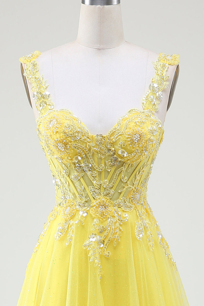 Load image into Gallery viewer, Tulle Beaded Yellow Corset Prom Dress with Slit