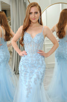 Load image into Gallery viewer, Light Blue Mermaid Backless Appliqued Long Corset Prom Dress With Slit