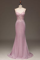 Load image into Gallery viewer, Queendancer Women Glitter Blush Prom Dress Mermaid Spaghetti Straps Long Party Dress with Beading