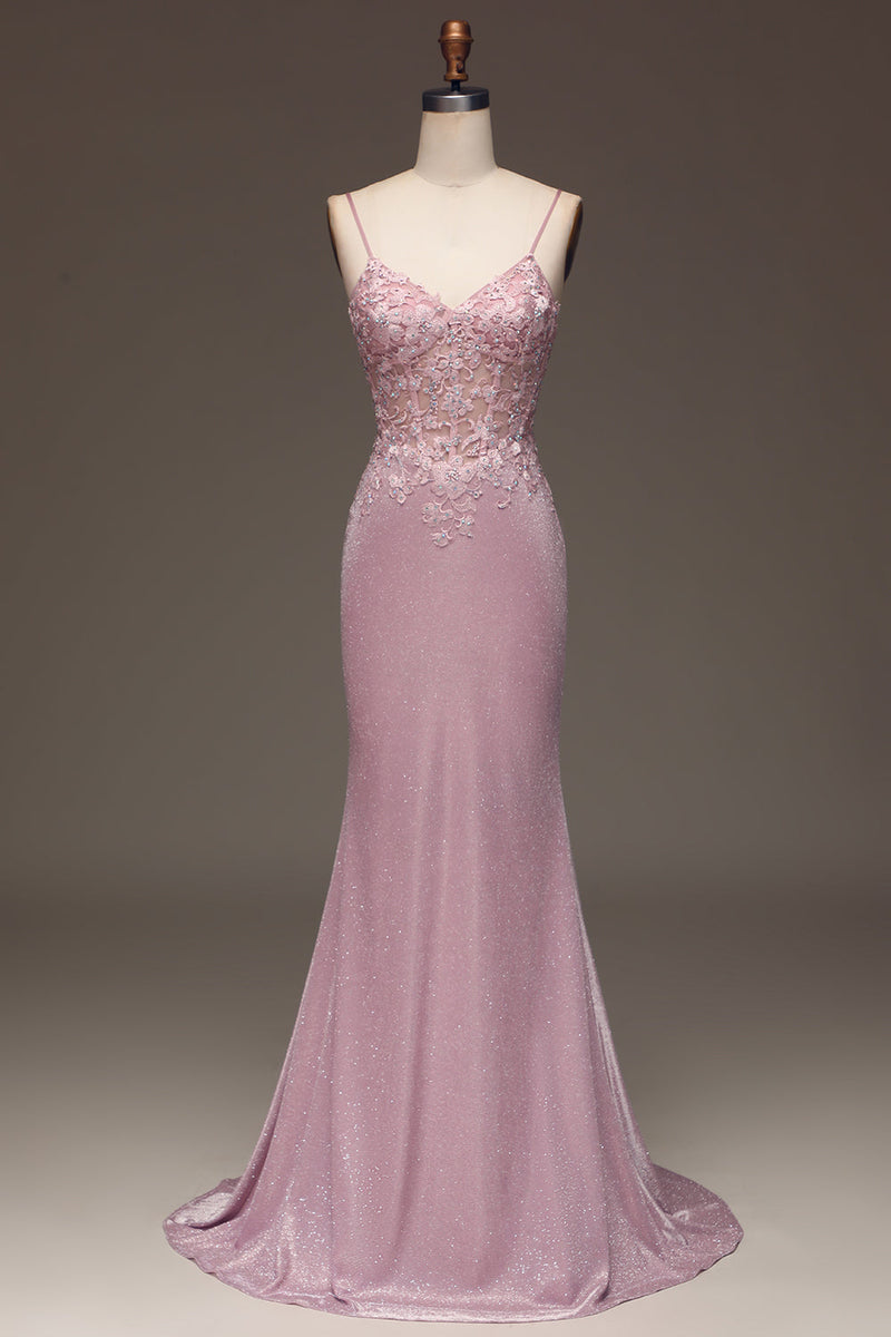 Load image into Gallery viewer, Queendancer Women Glitter Blush Prom Dress Mermaid Spaghetti Straps Long Party Dress with Beading