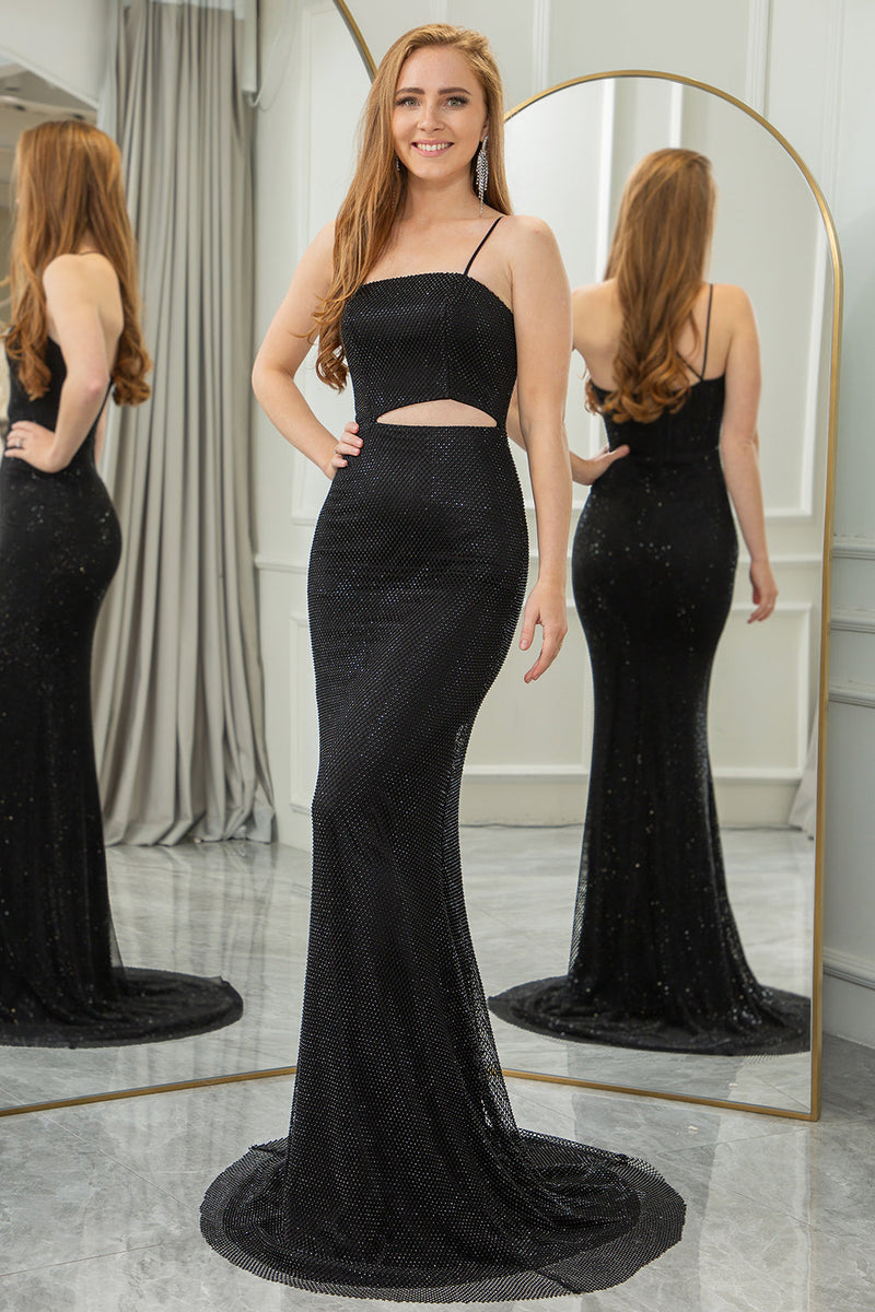 Load image into Gallery viewer, Glitter Black Mermaid Cut Out Long Prom Dress