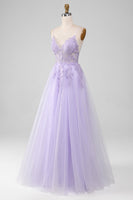 Load image into Gallery viewer, Sparkly Light Purple A-Line Spaghetti Straps Long Prom Dress With Beading