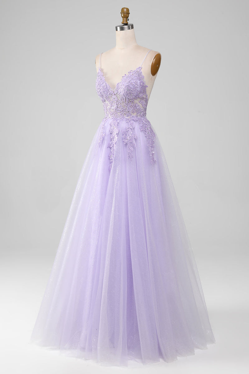 Load image into Gallery viewer, Sparkly Light Purple A-Line Spaghetti Straps Long Prom Dress With Beading