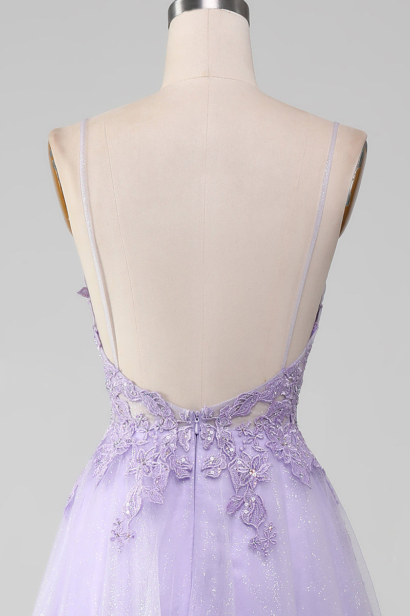Load image into Gallery viewer, Sparkly Light Purple A-Line Spaghetti Straps Long Prom Dress With Beading