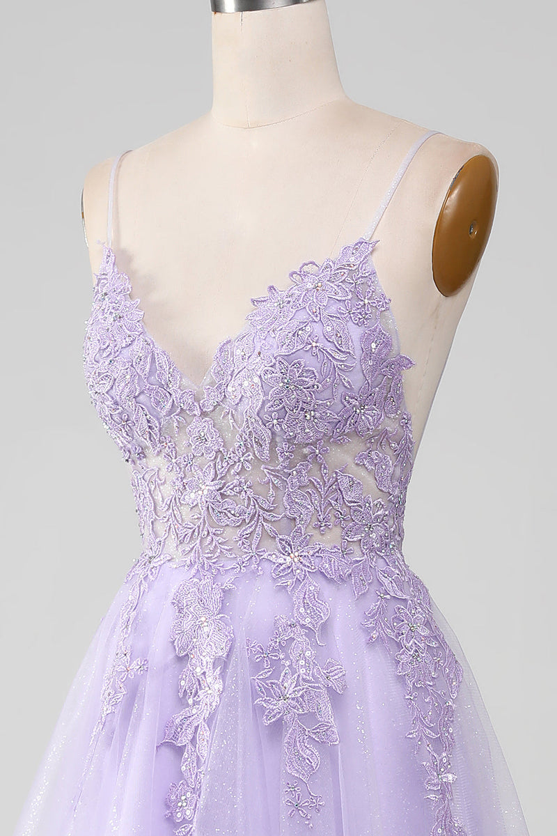Load image into Gallery viewer, Sparkly Light Purple A-Line Spaghetti Straps Long Prom Dress With Beading