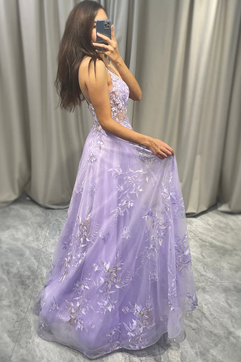 Purple Tulle Beaded Long Prom Dress, V Neck Spaghetti Strap Evening Dress US 2 / Purple