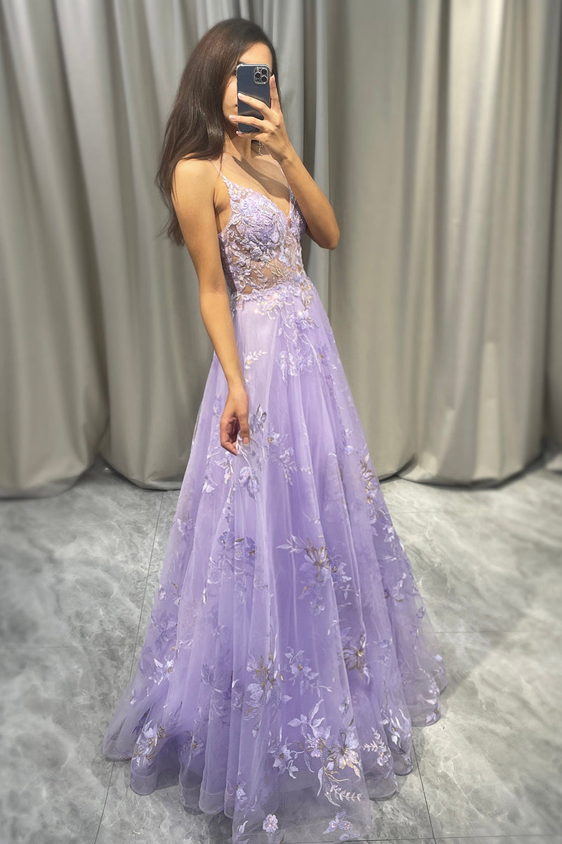 Load image into Gallery viewer, Elegant Purple A Line Tulle Long Prom Dress With Appliques