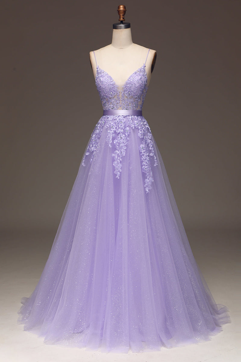 Queendancer Women Purple Prom Dress ALine Spaghetti Straps Long Beaded