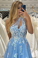 Load image into Gallery viewer, Light Blue A Line One Shoulder Tulle Long Prom Dress With Appliques
