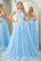 Load image into Gallery viewer, Light Blue A Line One Shoulder Tulle Long Prom Dress With Appliques