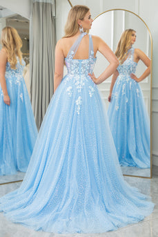 Light Blue A Line One Shoulder Tulle Long Prom Dress With Appliques