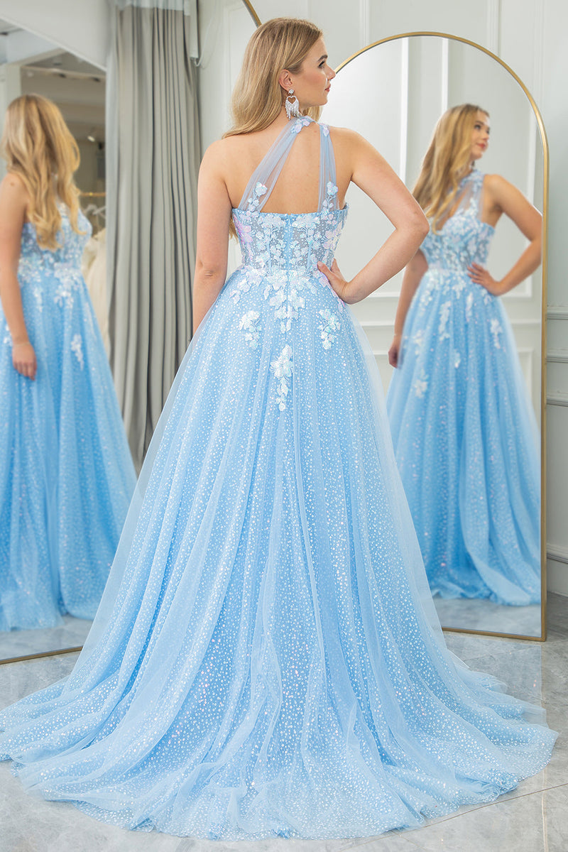 Load image into Gallery viewer, Light Blue A Line One Shoulder Tulle Long Prom Dress With Appliques