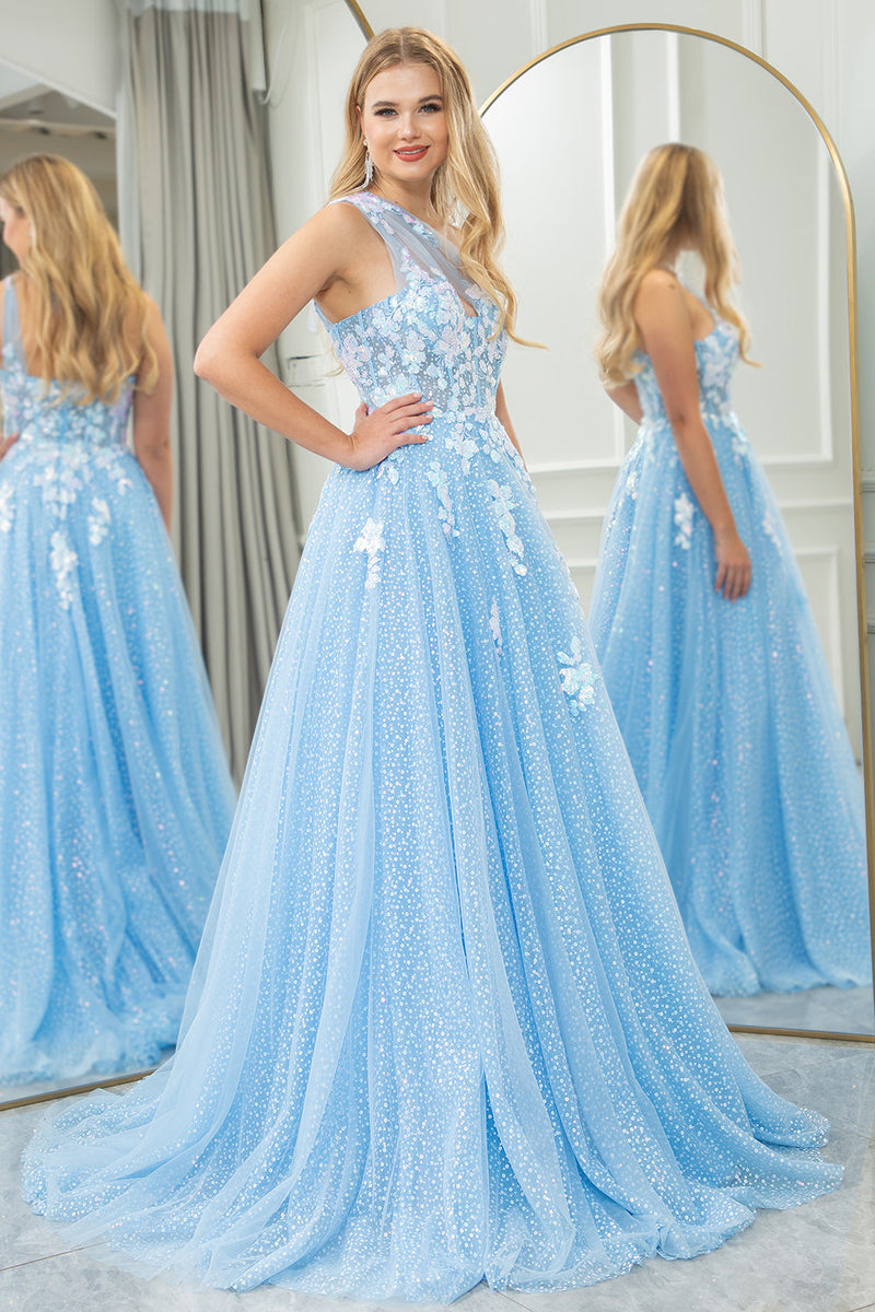 Load image into Gallery viewer, Light Blue A Line One Shoulder Tulle Long Prom Dress With Appliques