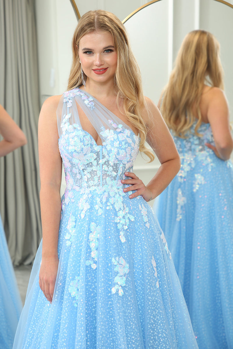 Load image into Gallery viewer, Light Blue A Line One Shoulder Tulle Long Prom Dress With Appliques