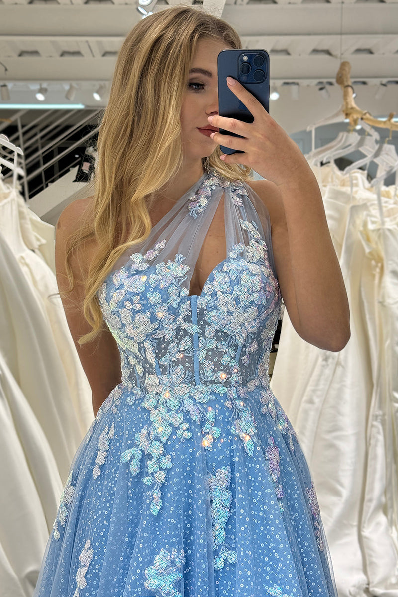 Load image into Gallery viewer, Light Blue A Line One Shoulder Tulle Long Prom Dress With Appliques