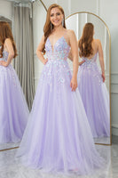 Load image into Gallery viewer, Lilac A Line Tulle Backless Long Prom Dress With Sequined Appliques