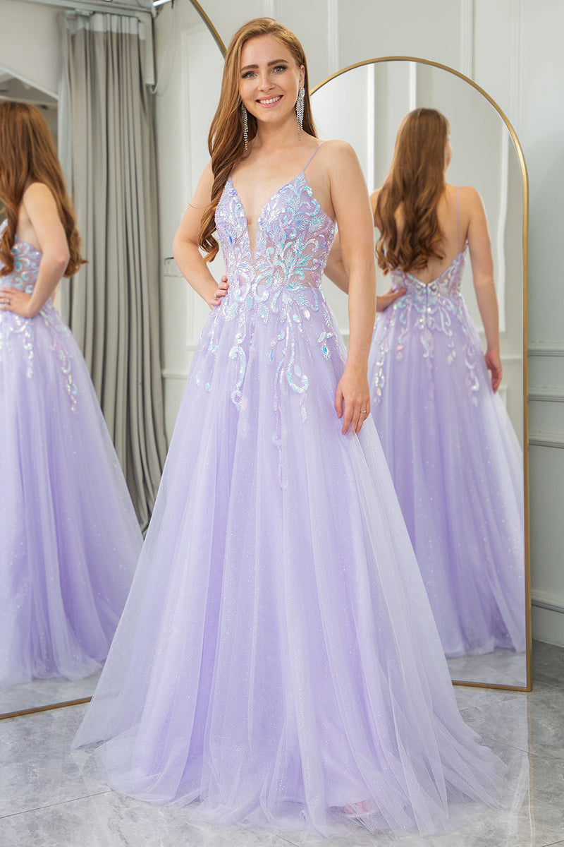 Load image into Gallery viewer, Lilac A Line Tulle Backless Long Prom Dress With Sequined Appliques
