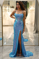Load image into Gallery viewer, Sparkly Blue Mermaid Long Prom Dress With Slit