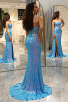 Load image into Gallery viewer, Sparkly Blue Mermaid Long Prom Dress With Slit