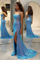 Load image into Gallery viewer, Sparkly Blue Mermaid Long Prom Dress With Slit