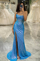 Load image into Gallery viewer, Glitter Blue Mermaid Square Neck Long Prom Dress With Slit