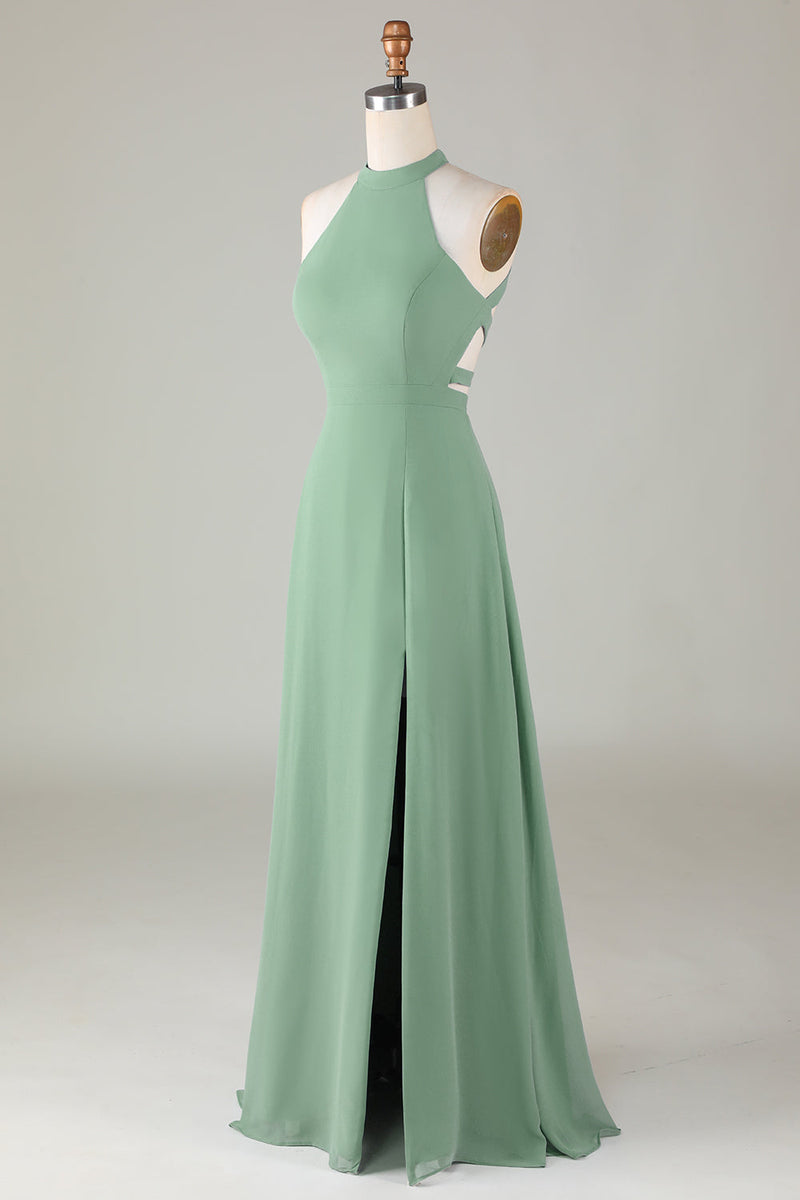 Queendancer Women Matcha Bridesmaid Dress with Split Front A-Line Halter Open Back Wedding Guest Dress – queendanceruk