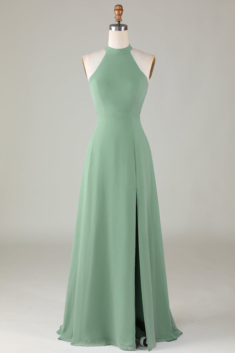 strapless open back dress Queendancer Women Matcha Bridesmaid Dress with Split Front A-Line Halter  Open Back Wedding Guest Dress – queendanceruk