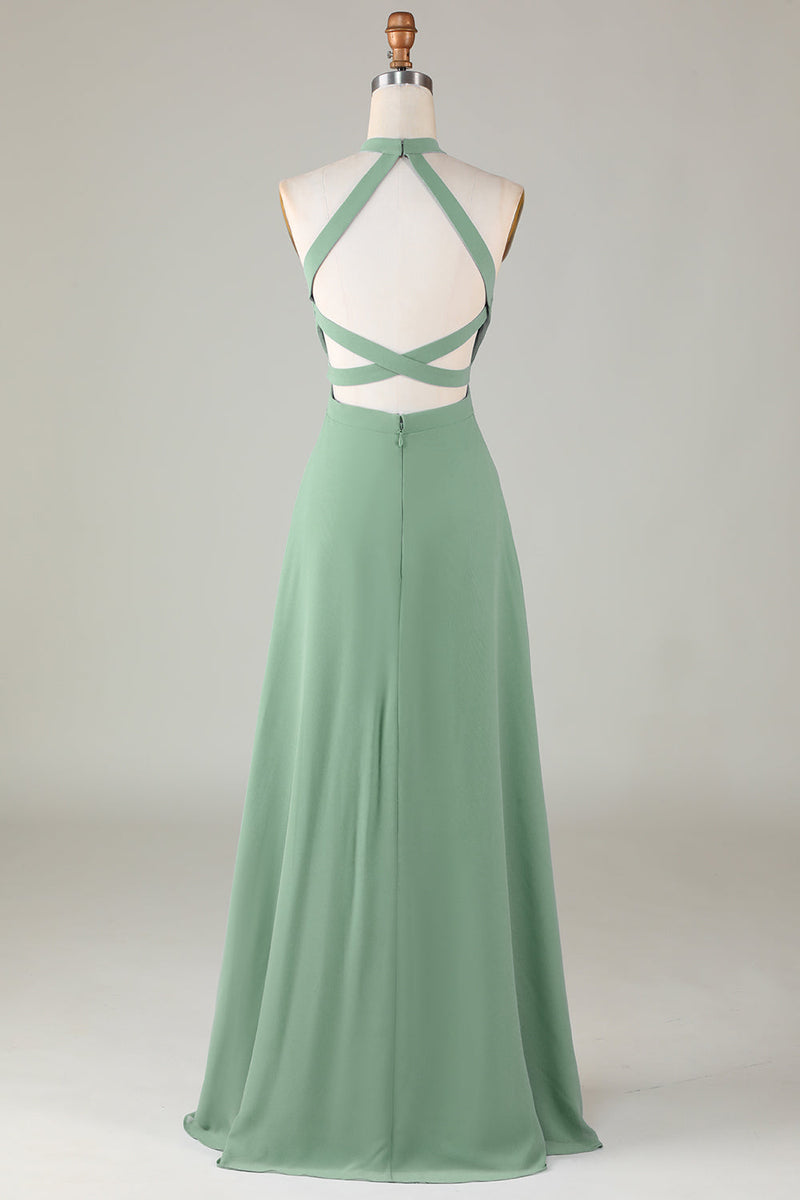 Queendancer Women Matcha Bridesmaid Dress with Split Front A-Line Halter Open Back Wedding Guest Dress queendanceruk Queendancer Women Matcha Bridesmaid Dress with Split Front A-Line Halter Open Back Wedding Guest Dress queendanceruk