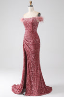 Load image into Gallery viewer, Mermaid Off the Shoulder Blush Sequins Prom Dress with Slit