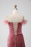 Load image into Gallery viewer, Mermaid Off the Shoulder Blush Sequins Prom Dress with Slit