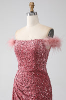 Load image into Gallery viewer, Mermaid Off the Shoulder Blush Sequins Prom Dress with Slit