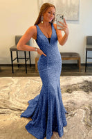 Load image into Gallery viewer, Purple Deep V Neck Mermaid Prom Dress