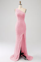 Load image into Gallery viewer, Sparkly Orange Mermaid One Shoulder Sequins Prom Dress with Slit