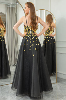 Black Golden Sequins A Line Long Corset Mirror Prom Dress