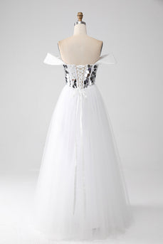 White A-Line Off the Shoulder Long Corset Prom Dress