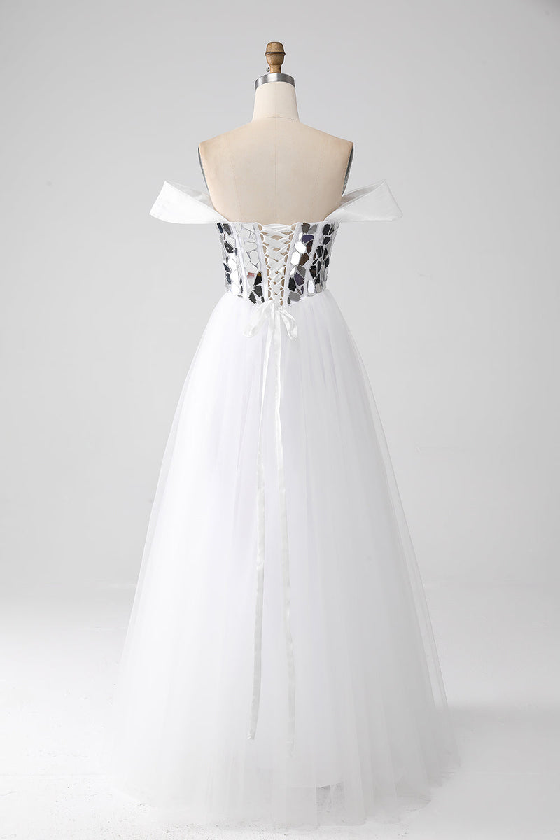 Load image into Gallery viewer, White A-Line Off the Shoulder Long Corset Prom Dress