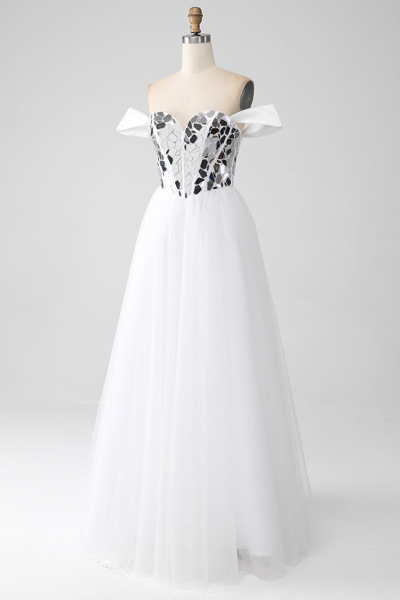 Load image into Gallery viewer, White A-Line Off the Shoulder Long Corset Prom Dress