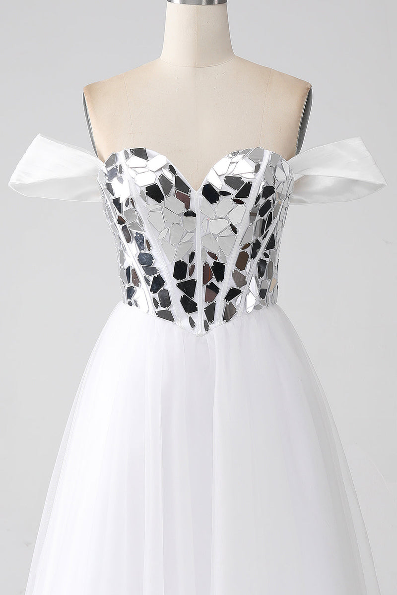 Load image into Gallery viewer, White A-Line Off the Shoulder Long Corset Prom Dress