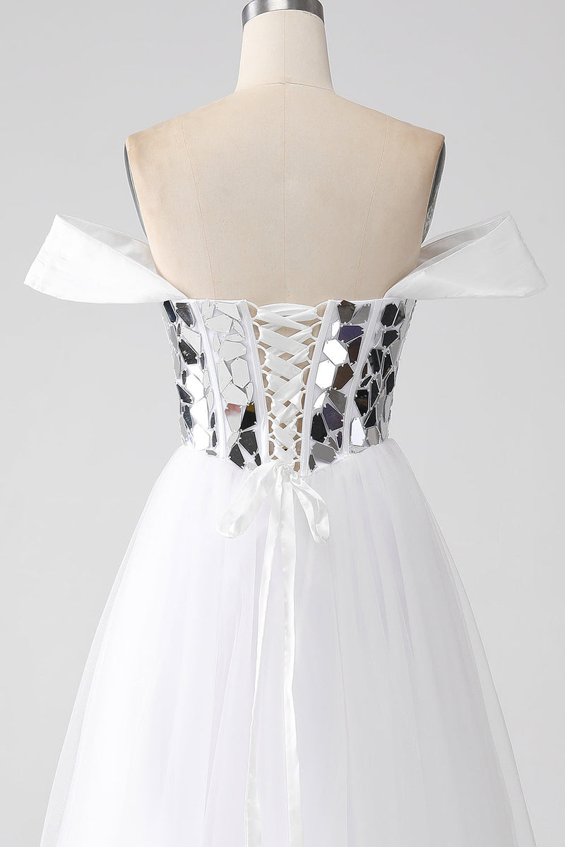 Load image into Gallery viewer, White A-Line Off the Shoulder Long Corset Prom Dress