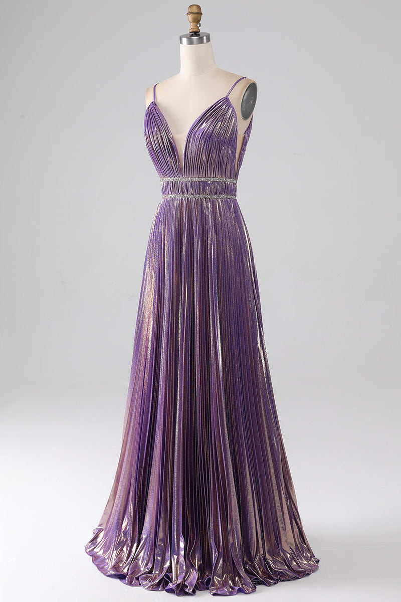 Load image into Gallery viewer, Glitter Purple A-Line Spaghetti Straps Pleated Prom Dress