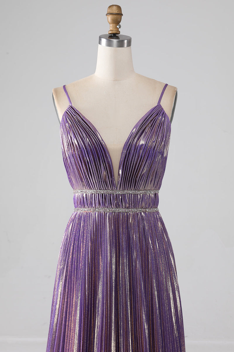 Load image into Gallery viewer, Glitter Purple A-Line Spaghetti Straps Pleated Prom Dress