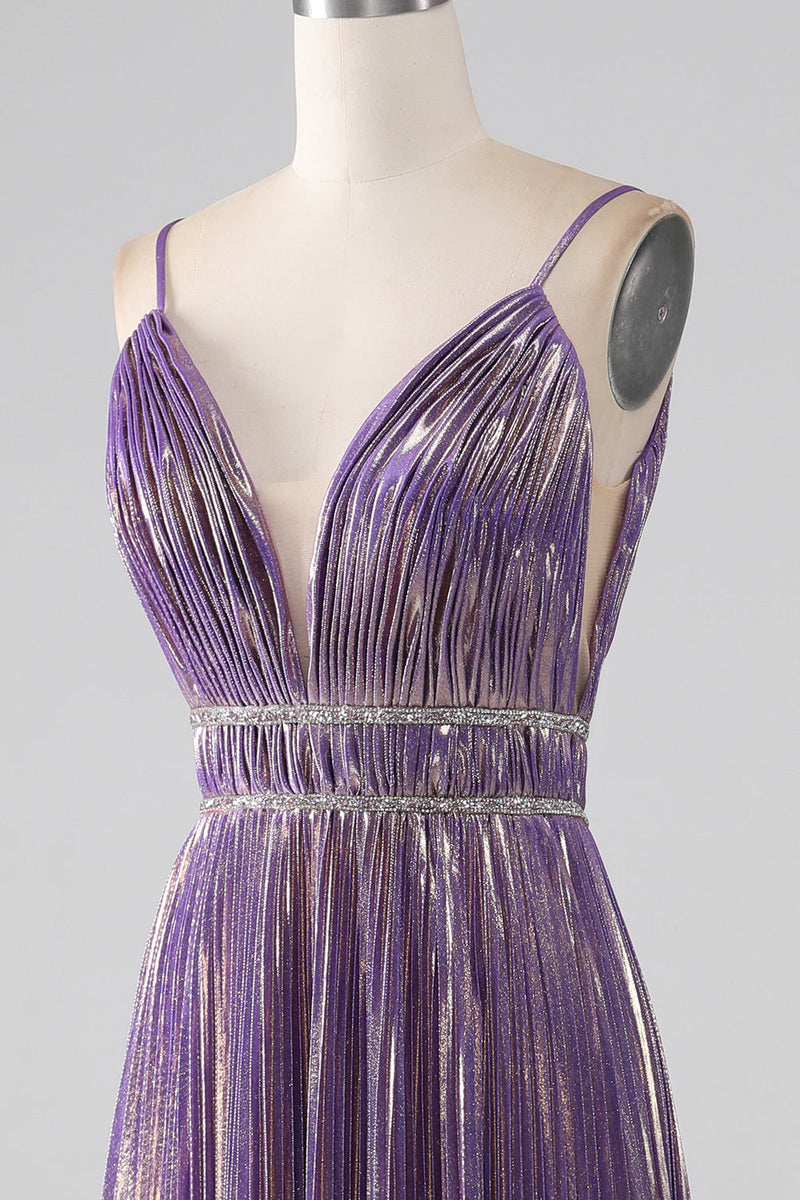 Load image into Gallery viewer, Glitter Purple A-Line Spaghetti Straps Pleated Prom Dress