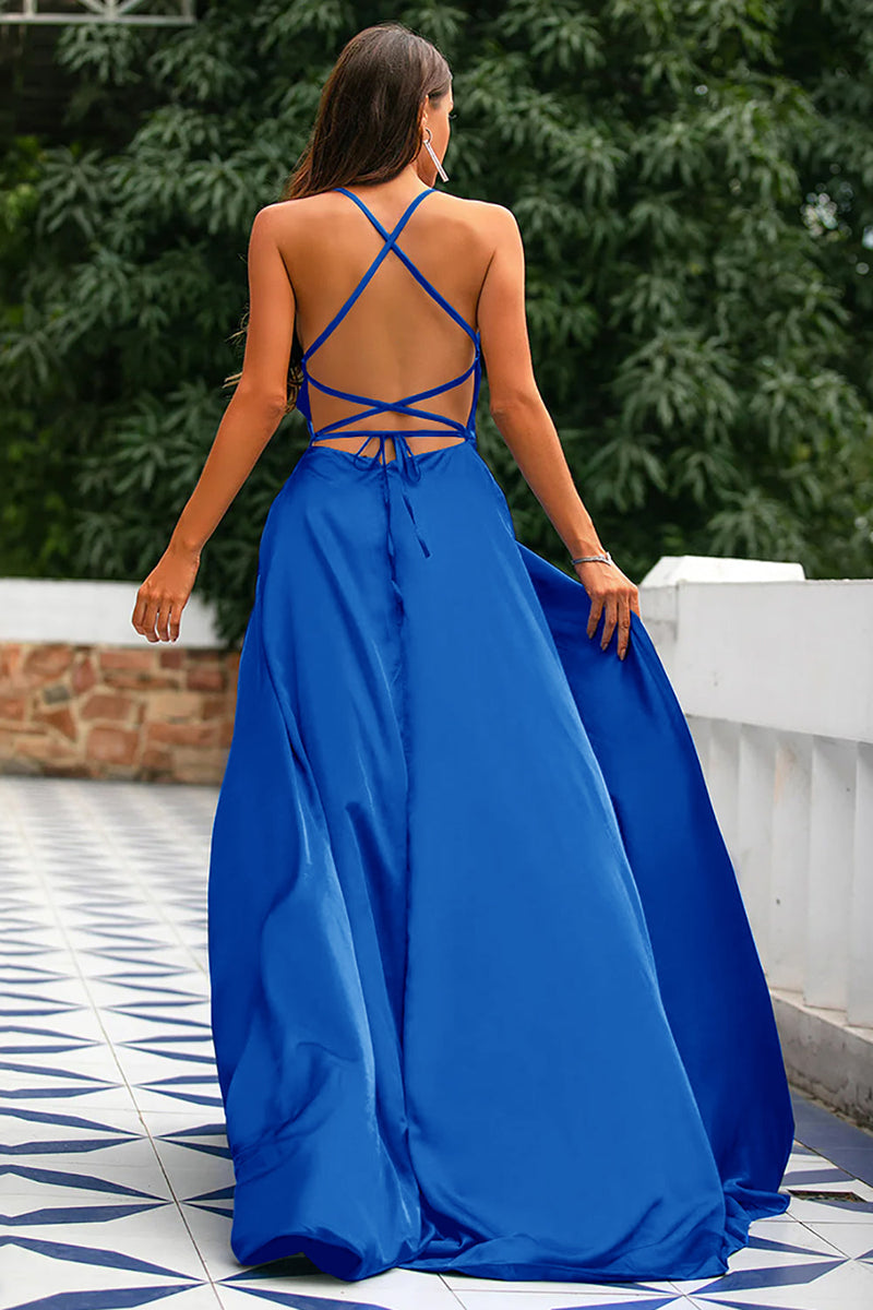 Queendancer Women Royal Blue Prom Dress A-Line Spaghetti Straps Backless Long Satin Evening Dress with Slit queendanceruk Queendancer Women Royal Blue Prom Dress A-Line Spaghetti Straps Backless Long Satin Evening Dress with Slit queendanceruk